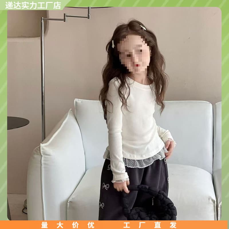 1-15 Years Old Girls' Lace Trim Long Sleeve T-Shirt, Spring and Autumn Baby Girl Top, White, Durable