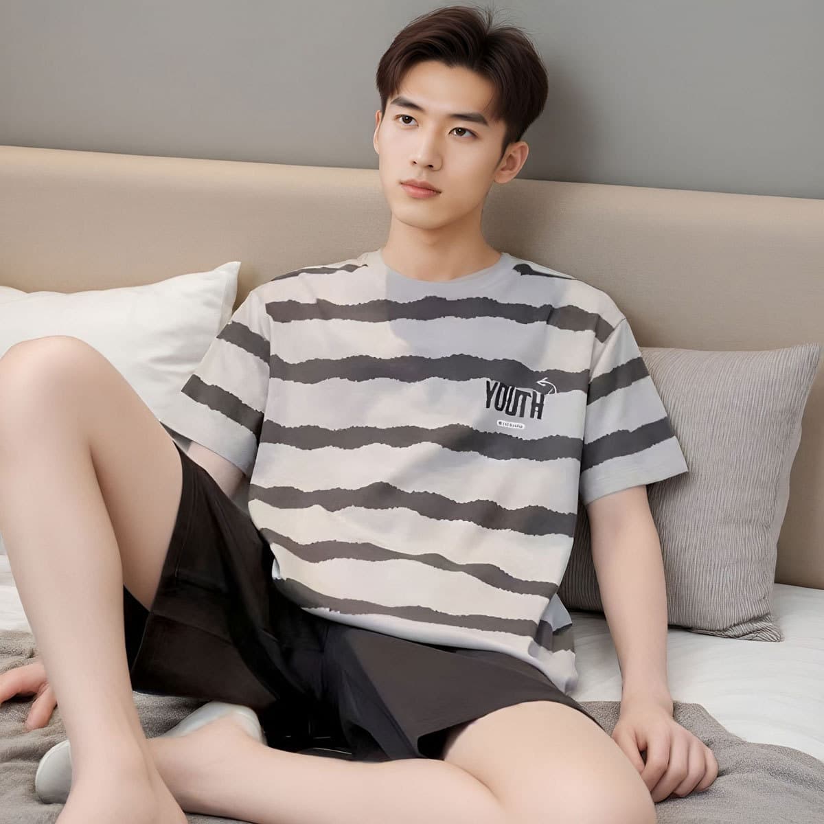 Milk Silk Summer Men's Striped Cartoon Pajama Set Short Sleeve Shorts Teenager Homewear