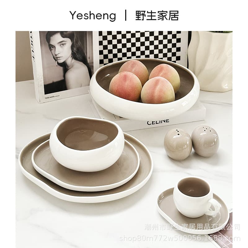 Milk coffee color two-color glaze ceramic tableware set irregular relief French bowls and plates home creative tableware wholesale