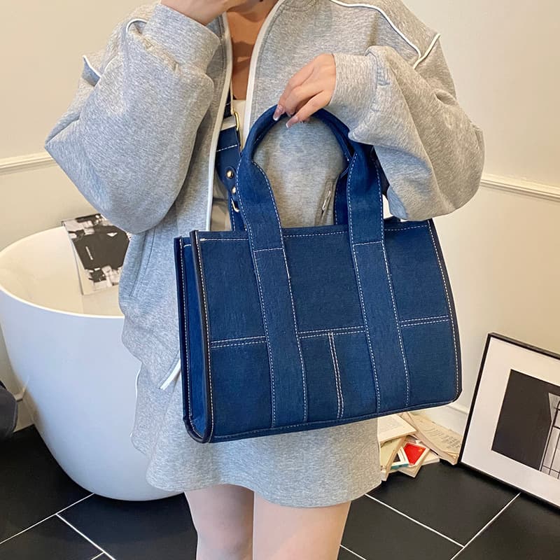 Cross-border Large Capacity Denim Bag 2025 New Patchwork Contrast Color Shoulder Crossbody Bag Commute Simple Tote Bag