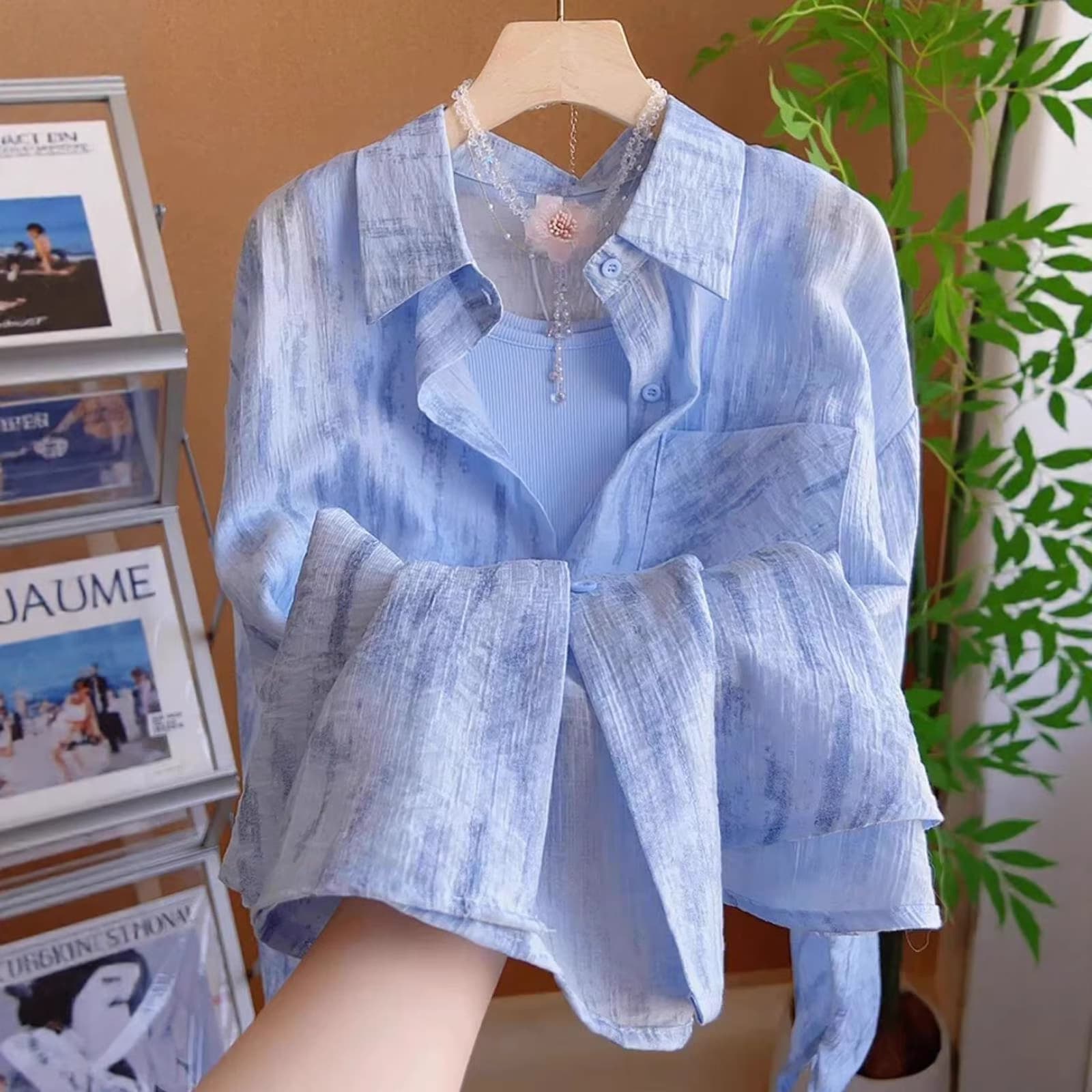 Fashionable High-End Blue Tie-Dye Ice Silk Shirt for Women Summer New Casual Blouse Design A10373