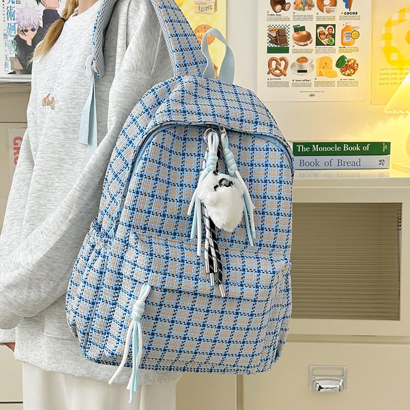 Japanese INS Style Fresh Plaid Backpack for Girls, Middle School Student Travel Backpack, High School and College Student Casual Shoulder Bag