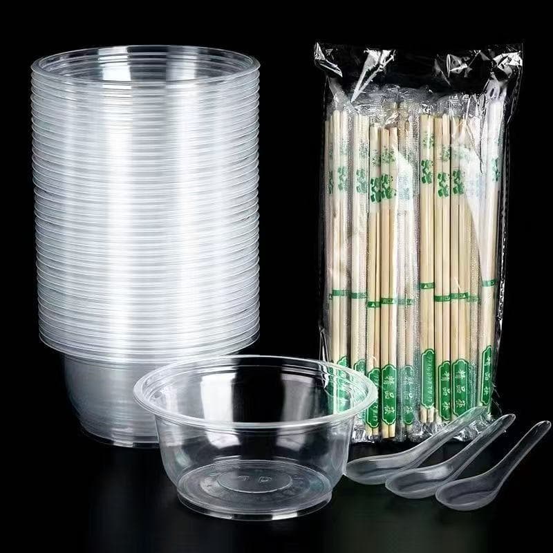 Wholesale Disposable Bowl and Chopstick Set, Thickened Round Plastic Bowls with Lids, Banquet Tables, Home Parties, Takeout Lunch Boxes