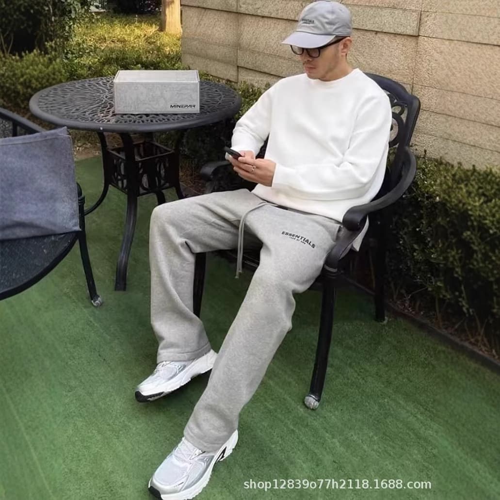 Secondary Line ESSENTIALS Trendy Brand High Street American Style Autumn and Winter Fleece-Lined Sweatpants Straight-Leg Trousers Men Eight Seasons