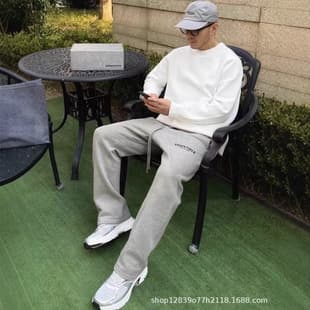 Fuxian ESSENTIALS Streetwear High-Fashion American Style Autumn/Winter Fleece-Lined Sweatpants Straight-Leg Long Pants for Men, 8 Seasons
