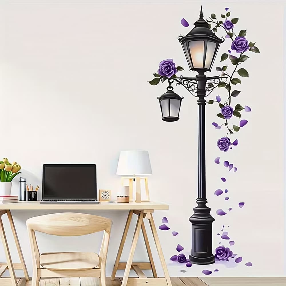 Factory Direct Cross-Border Supply Purple Rose Street Light Wall Sticker, Vintage Floral Self-Adhesive Decal for Living Room and Bedroom