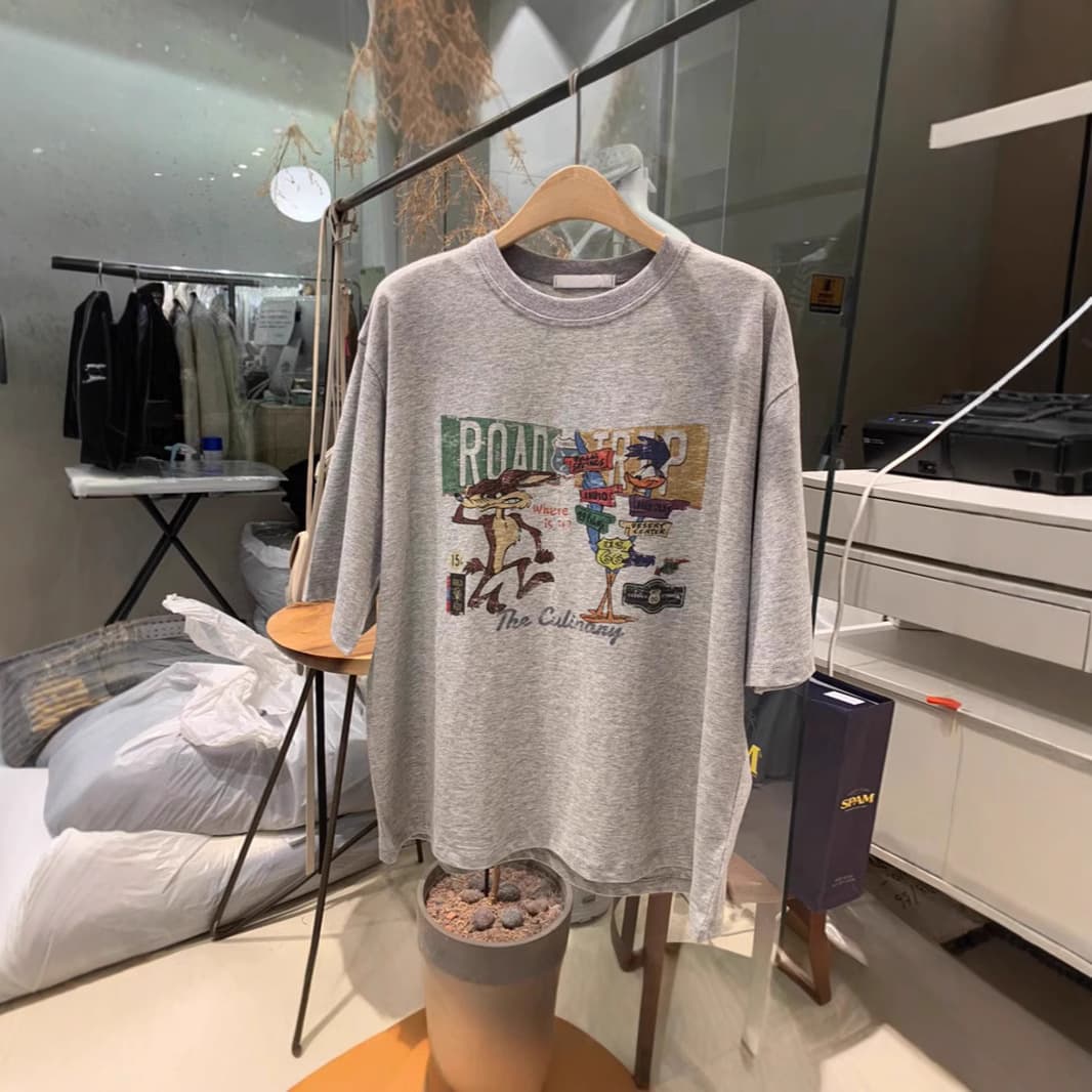 Plus Size Chubby Girl Grey Cartoon Letter Printed Pure Cotton Short-Sleeved T-Shirt Women's Summer New Arrival Fashionable Loose Top