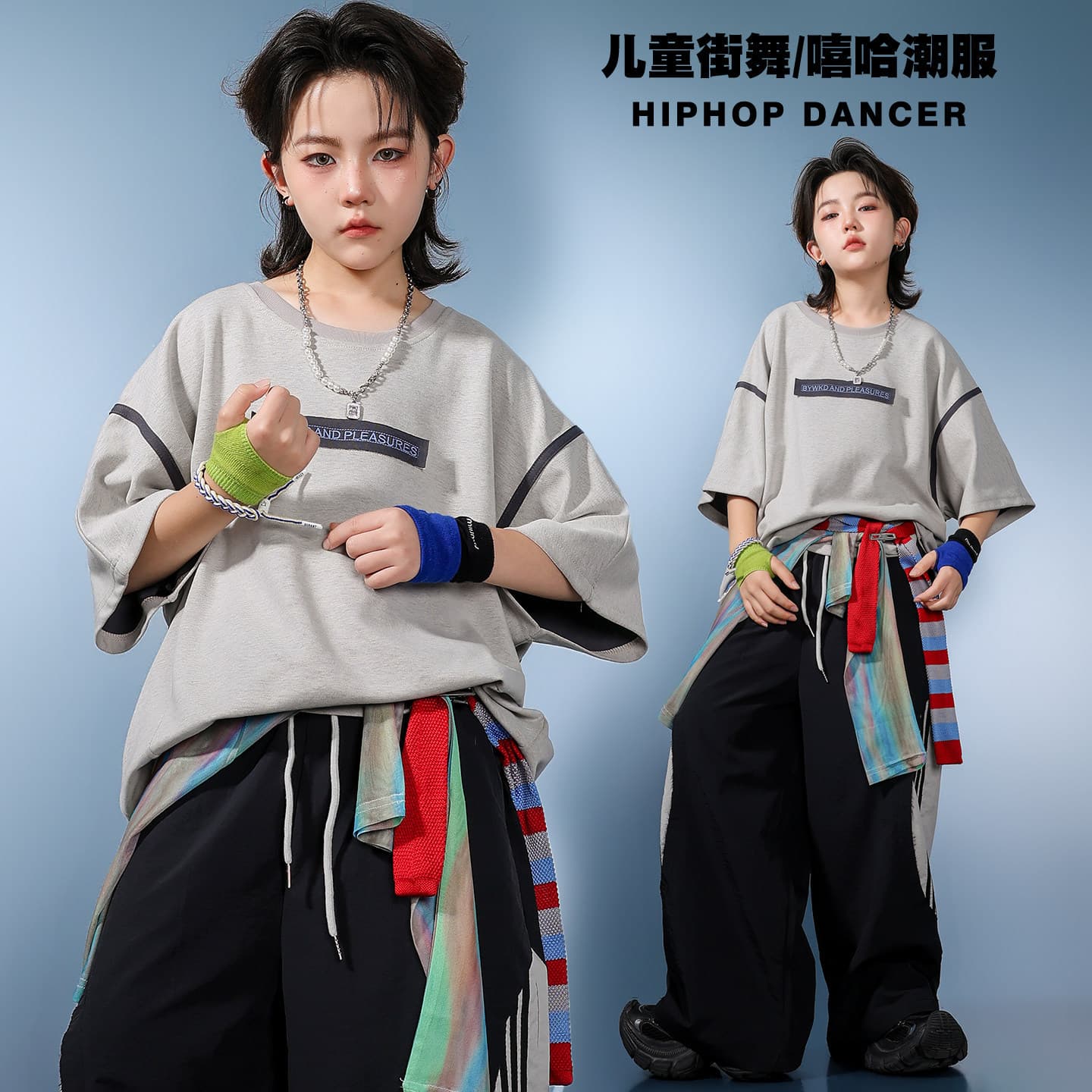 Children's hip-hop clothing hip-hop style street loose short-sleeved top gray and black trousers summer suit trendy clothing