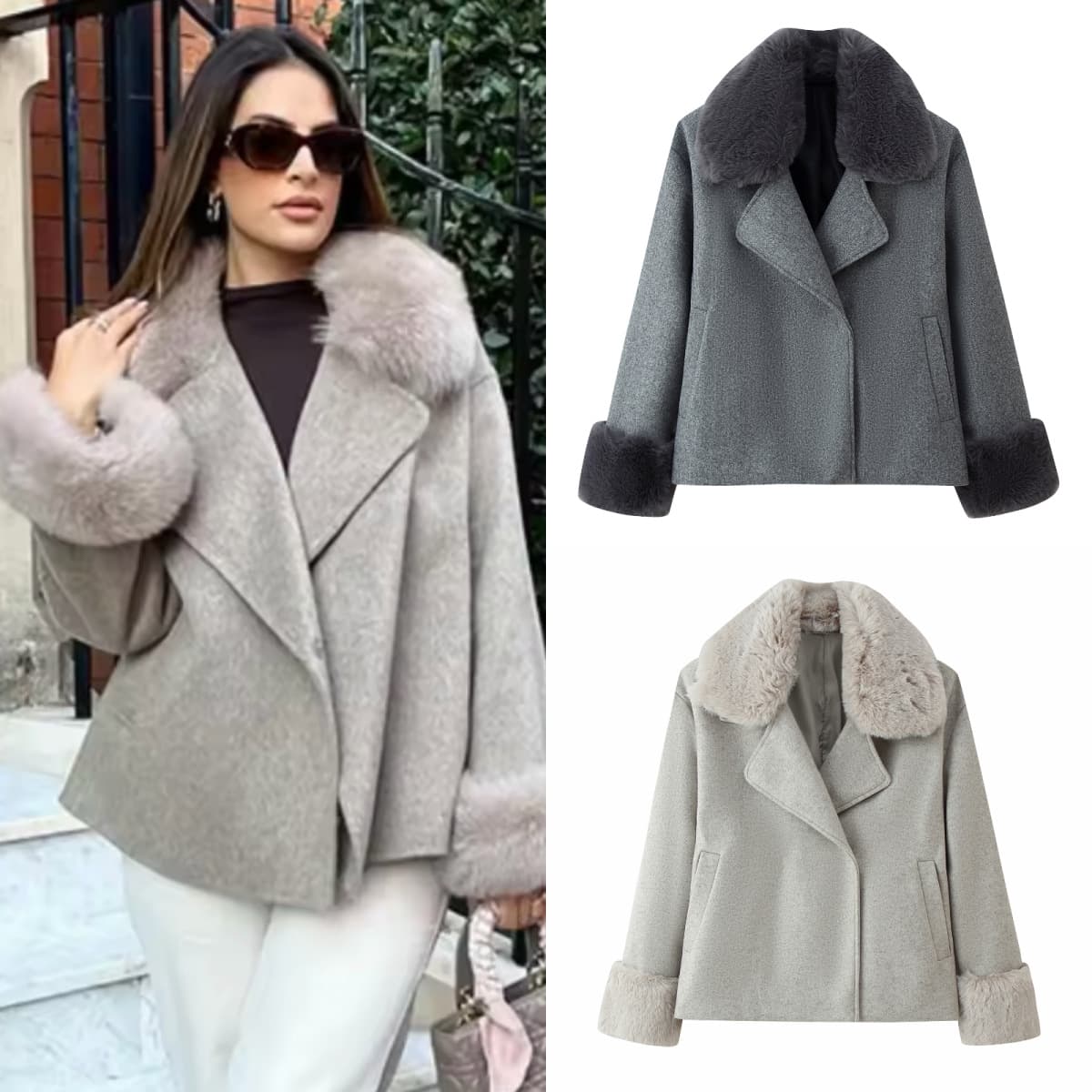 European and American Style Amazon AliExpress Hot Fashion Trendy Versatile Two-Color Faux Fur Collar Wool Blend Short Coat