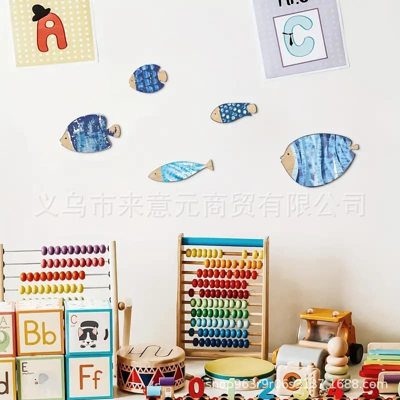Decorative Wooden Fish Sculpture Art Wall Hanging for Kindergarten Nautical Theme Lake House Sea Style Carved Wooden Fish