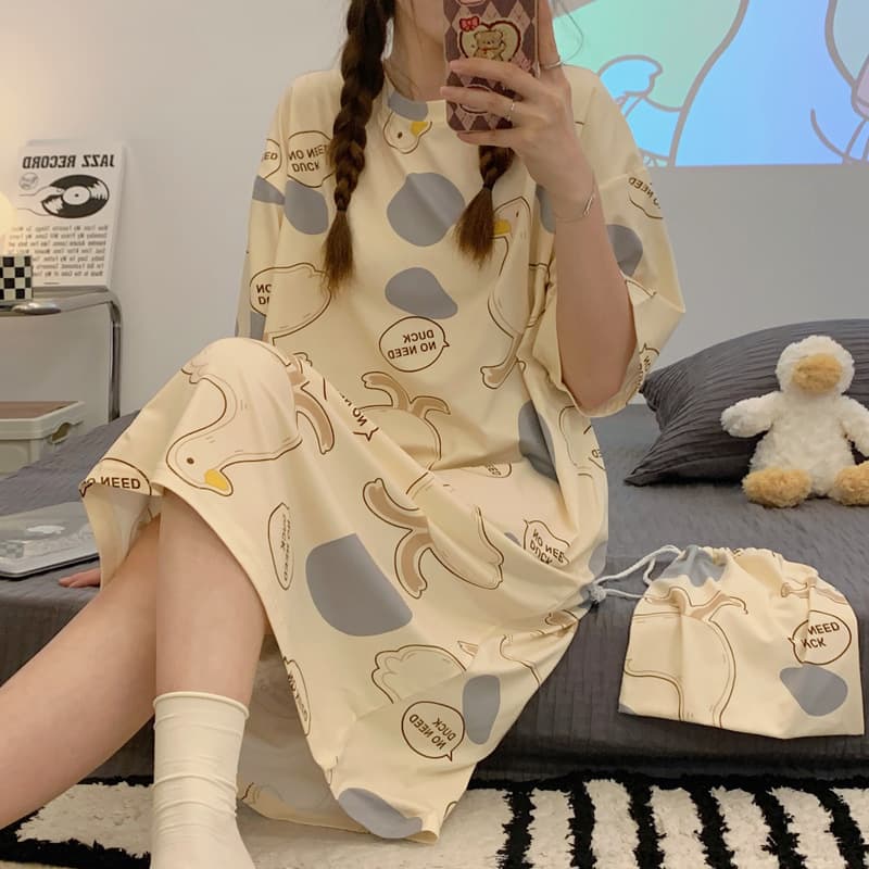 Girls' Nightgown, Short Sleeve Korean Cartoon Student Loungewear, Summer Pajamas, Thin Plus Size Long Over-the-Knee Dress