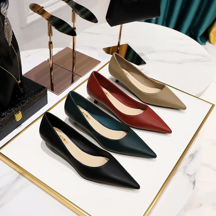 1722-1 Korean Style Spring/Autumn OL Commuter Shoes, Mid Heel, Slimming, Fashionable Low Heel, Pointed Toe, Shallow Mouth, Versatile and Comfortable Women's Flats