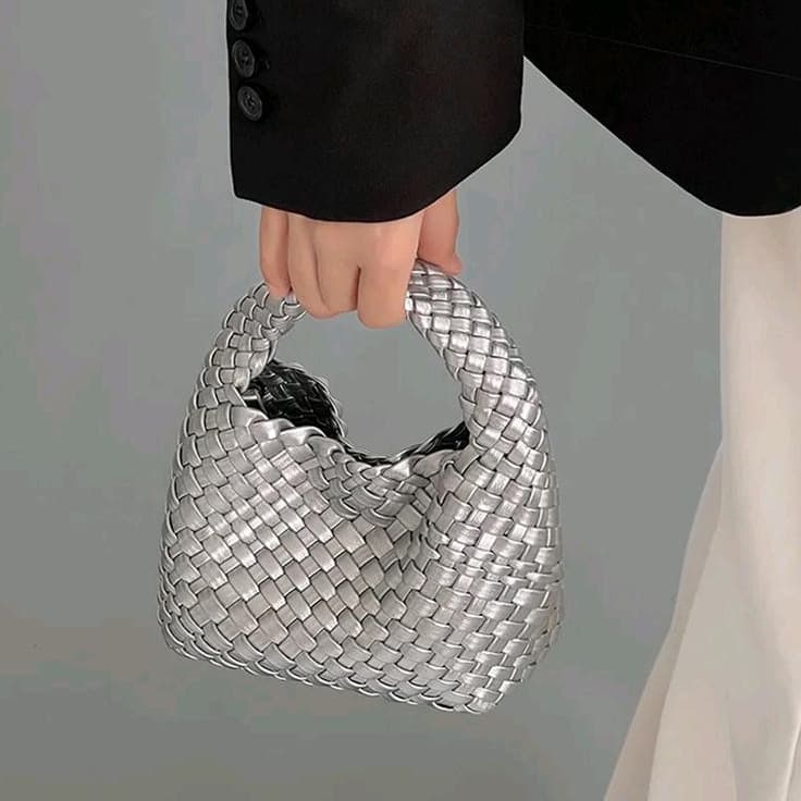 Designer Leather Woven Small Handbag for Women, Premium Silver Chain Bag, Mini Crossbody Bucket Bag