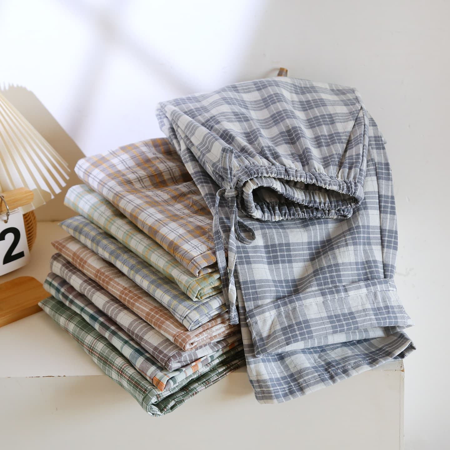New Men's Pure Cotton Washed Cotton Plaid Pajama Pants, Loose Fit, Large Size, Thin Style for Spring and Summer, All-Cotton Home Long Pants