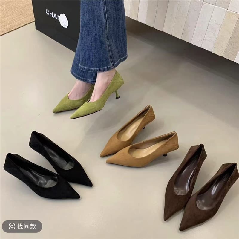 French Pointed Toe Kitten Heel Black High Heels Women 2026 New Spring Autumn Thin Heel Suede Shallow Mouth Commuter Flats