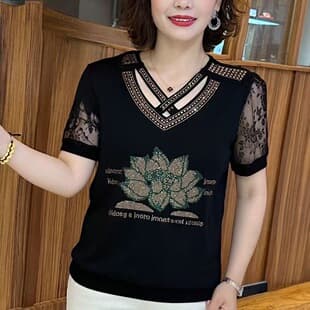 Heavy-Duty Premium Rhinestone V-Neck Short-Sleeve T-Shirt, Women's Summer New Trendy Age-Defying Lace Patchwork Top