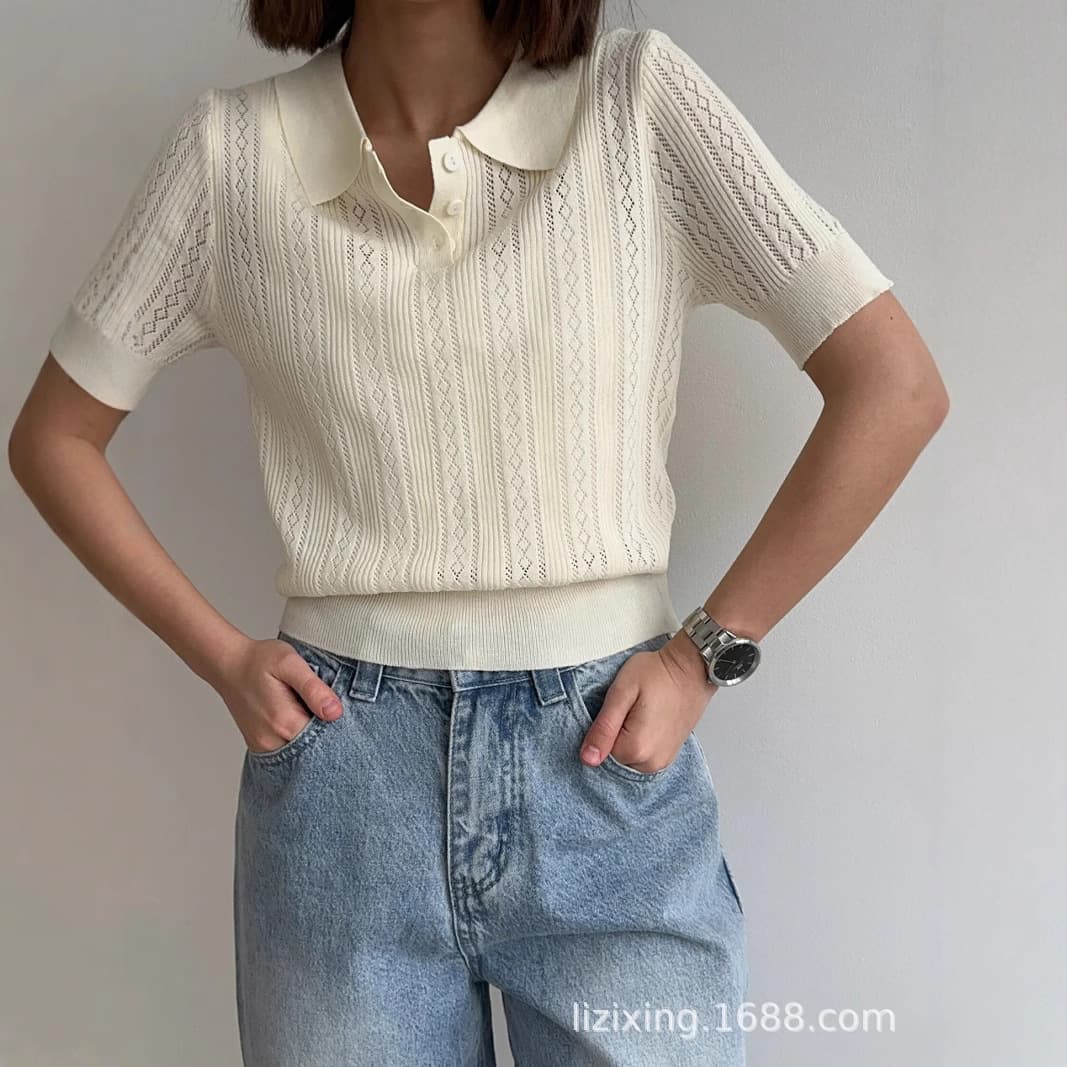 Design Sense Hollow Lar Short-sleeved Sweater Women's 2025 New Summer Unique Niche Trendy Half-sleeved Top
