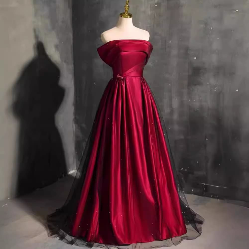 Off-Shoulder Evening Gown in Wine Red, High-End Summer Wedding Bride Toast Dress, Slimming Hostess Dress