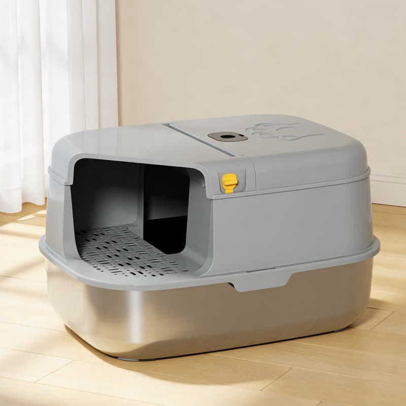 Fully enclosed stainless steel cat litter box, extra large anti-splash and deodorizing cat toilet hallway style flip-up cat litter box