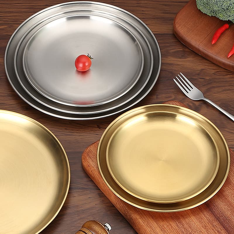 Camping Korean-Style Brushed Stainless Steel Round Plate, Gold Coffee Shop Tray, Fruit Plate, Cake Plate, Bone Dish, Vegetable Dish, Shallow Plate