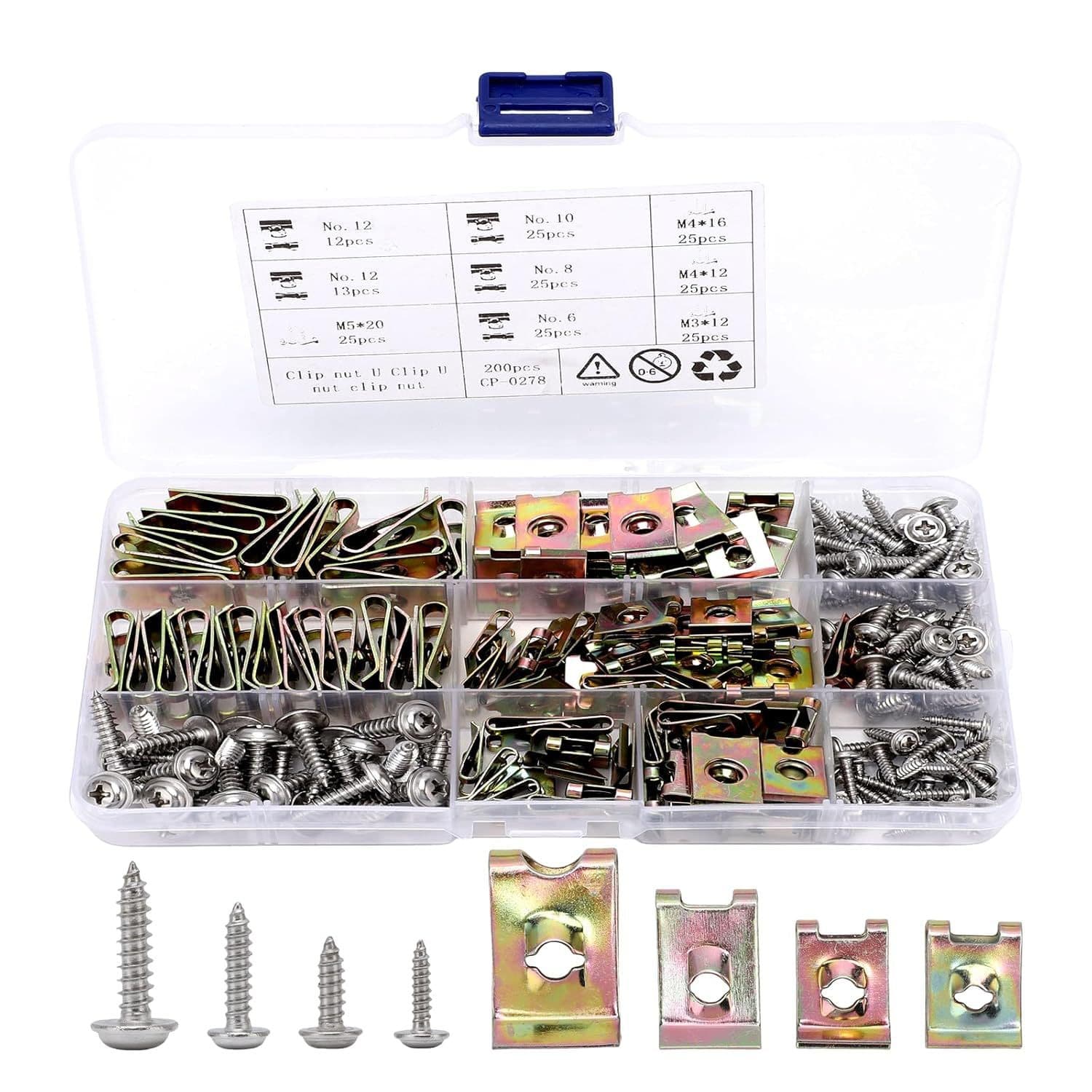 200pcs Car U-Clips with Screws Assortment Kit, Car Screws and Clips, 6/8/10/12 Cross-Border Model
