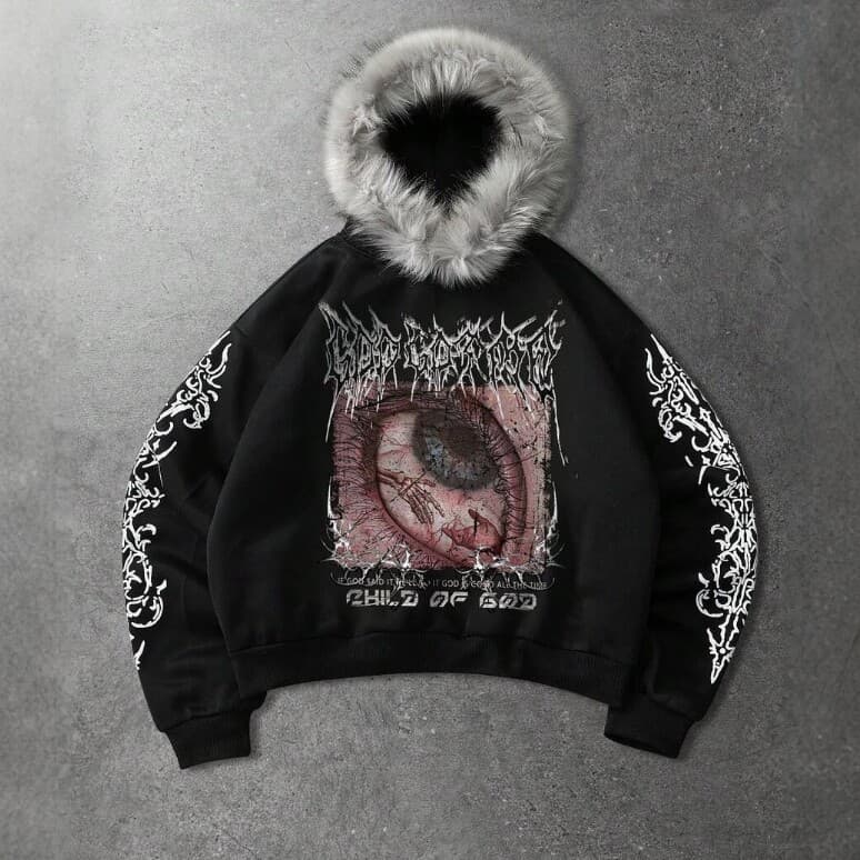American high street dark 3D eye pattern fur collar hooded sweatshirt men's autumn and winter trendy zipper jacket street hip-hop trendy brand