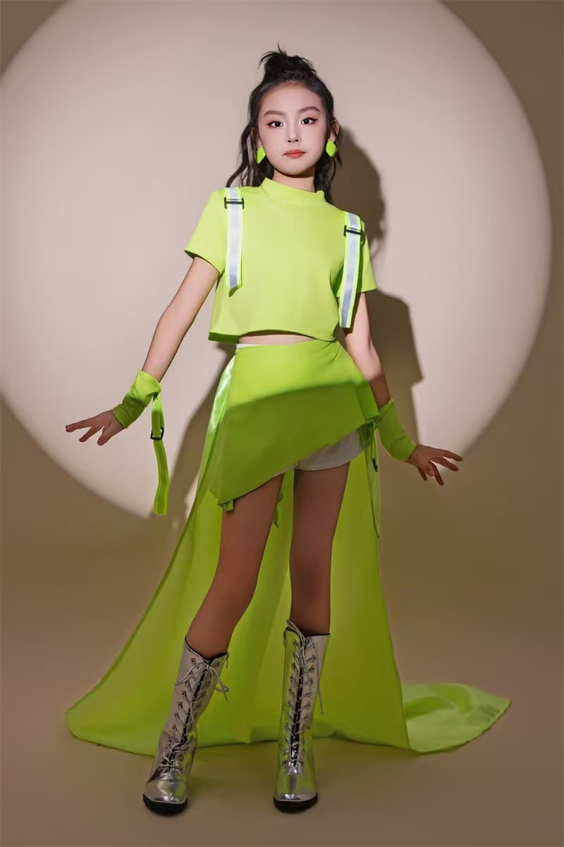 Fluorescent Green Girls T-Shirt and Skirt Set Kids Runway Trailing 9 Trendy Cool Casual Everyday Wear for Older Girls Sporty Style