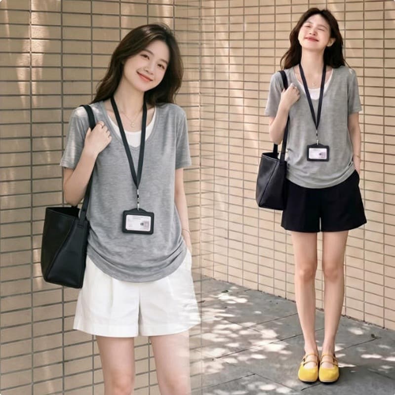Maternity Summer Thin Fashionable Fake Two-Piece Short Sleeve T-Shirt Design Top Pants Korean Style Two-Piece Set