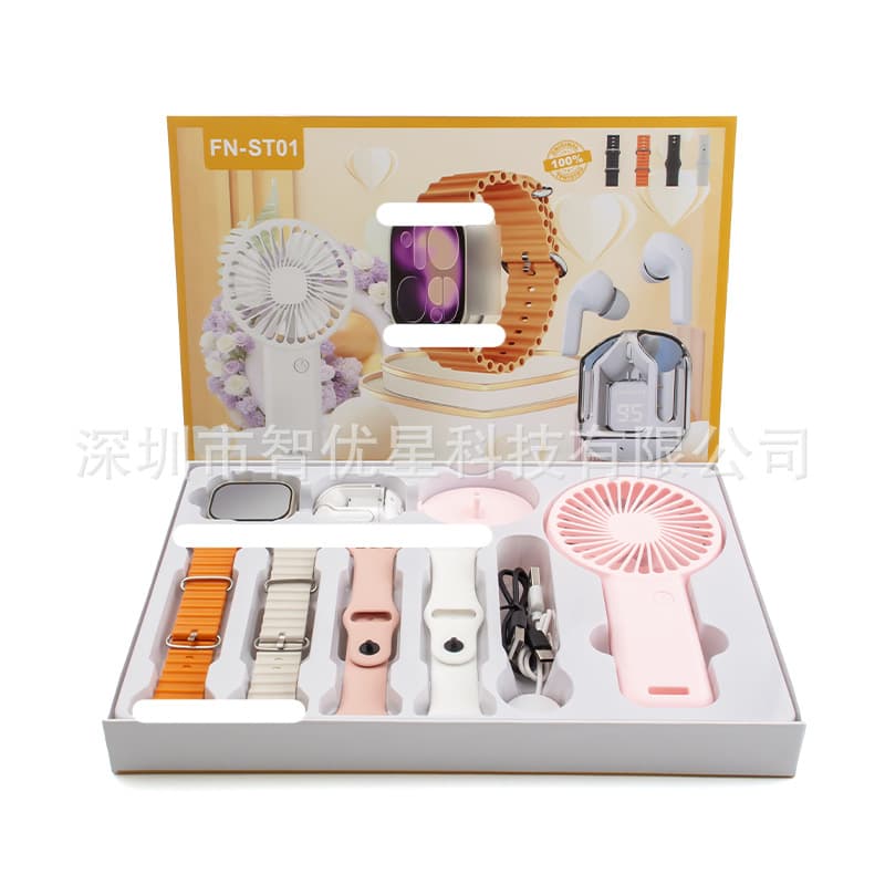 Fn-St01 Cross-Border Exclusive Supply Functional Step Counter, Blood Oxygen, Blood Pressure, Health Monitoring Earphone Fan Set Source Factory