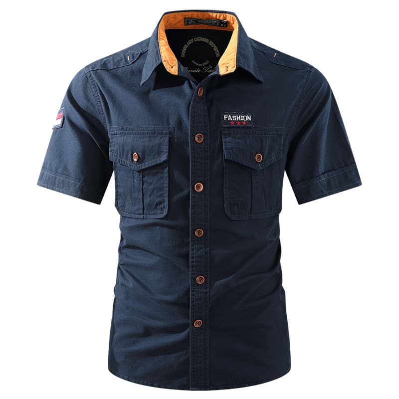 Cross-Border Washed Cotton Men's Short Sleeve Shirt Summer Quality Cotton Washed Half Sleeve Solid Multi-Pocket Work Shirt
