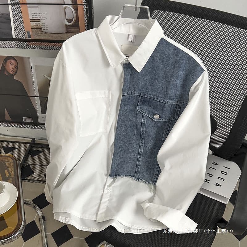 Japanese streetwear denim patchwork long-sleeve shirt for men, niche design high-street couple loose casual white shirt