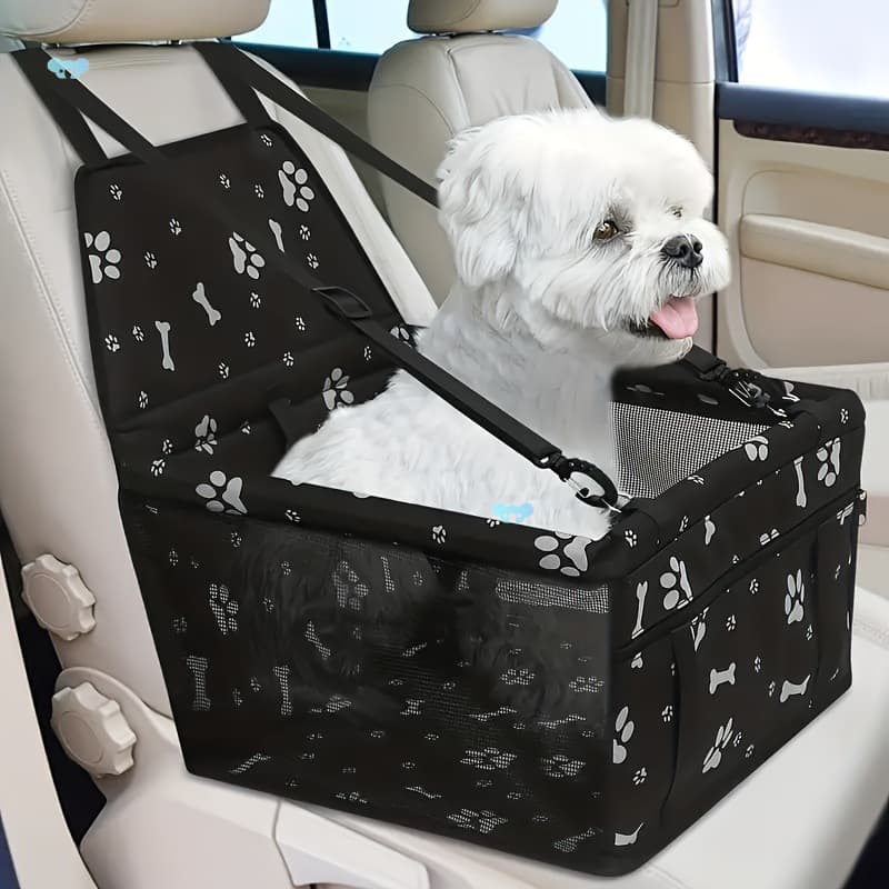 Black Fabric Pet Car Seat with Paw Print Bone Pattern Cozy