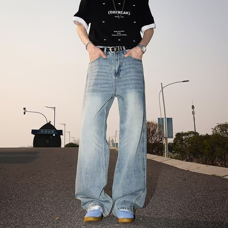 Straight Vibe Washed Blue Cat Whisker Denim Jeans for Men and Women, Loose Fit, Slimming, Wide Leg, Floor-Length, Narrow Cut, Curved Flared Pants