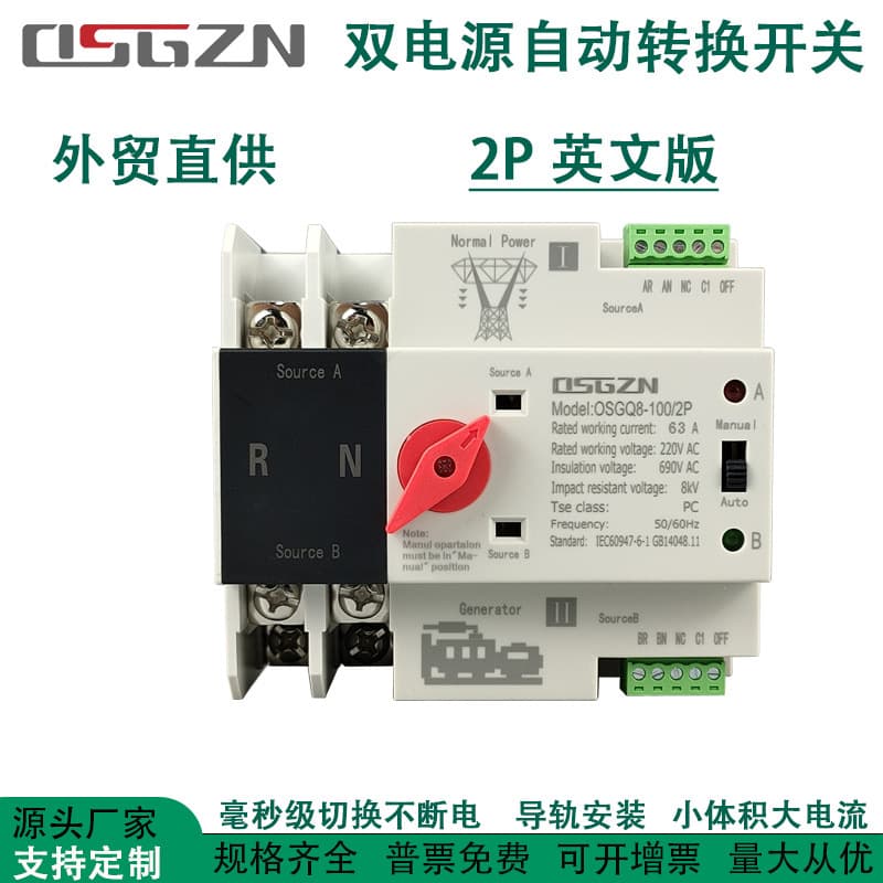 Millisecond-Level Uninterrupted Power Dual Power Automatic Transfer Switch 2P80A100A125A Mains Generator Converter