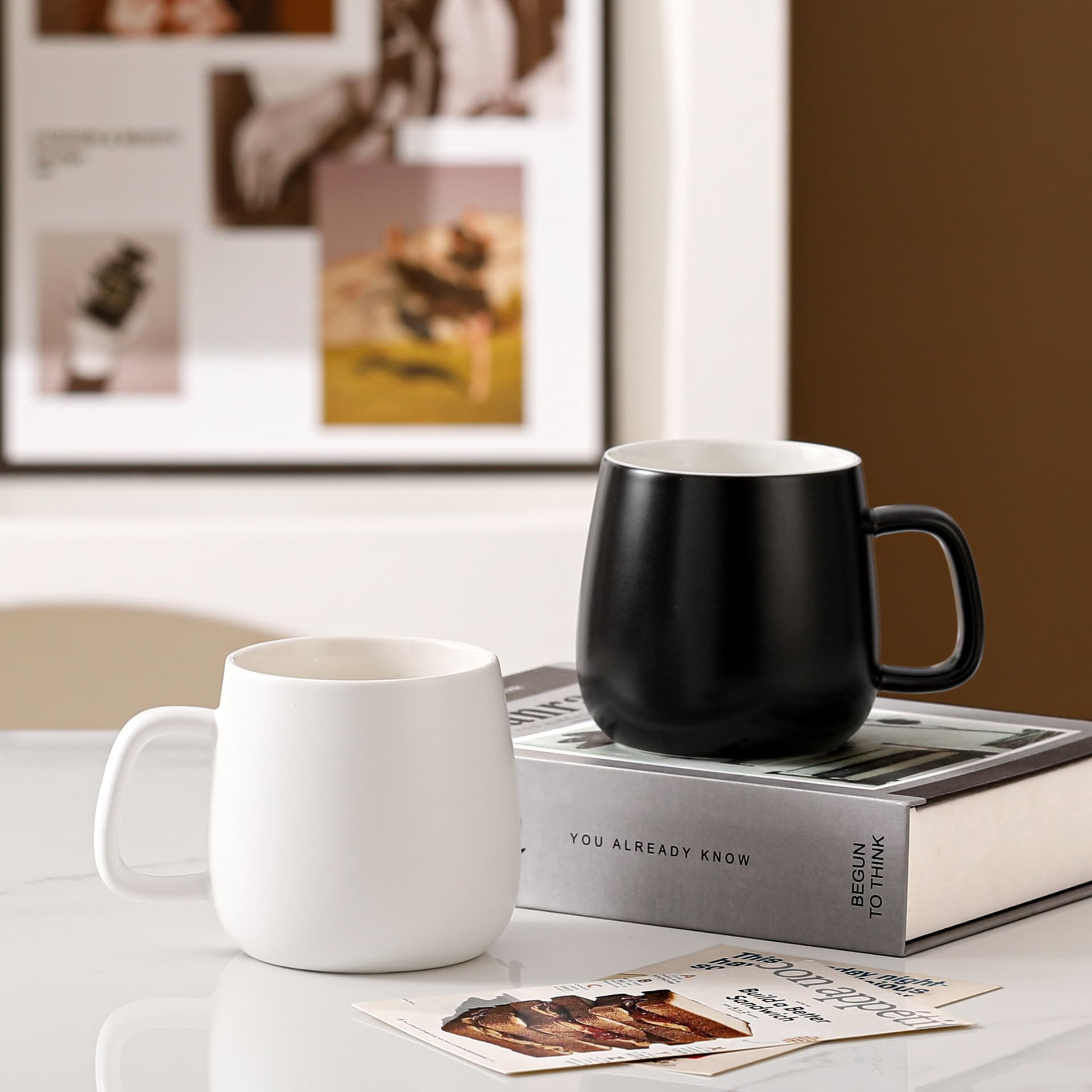 Minimalist Japanese Style Couple Black and White Ceramic Mug Straight Tumbler Tea Cup with Handle Hotel Toothbrush Cup Rinsing Cup