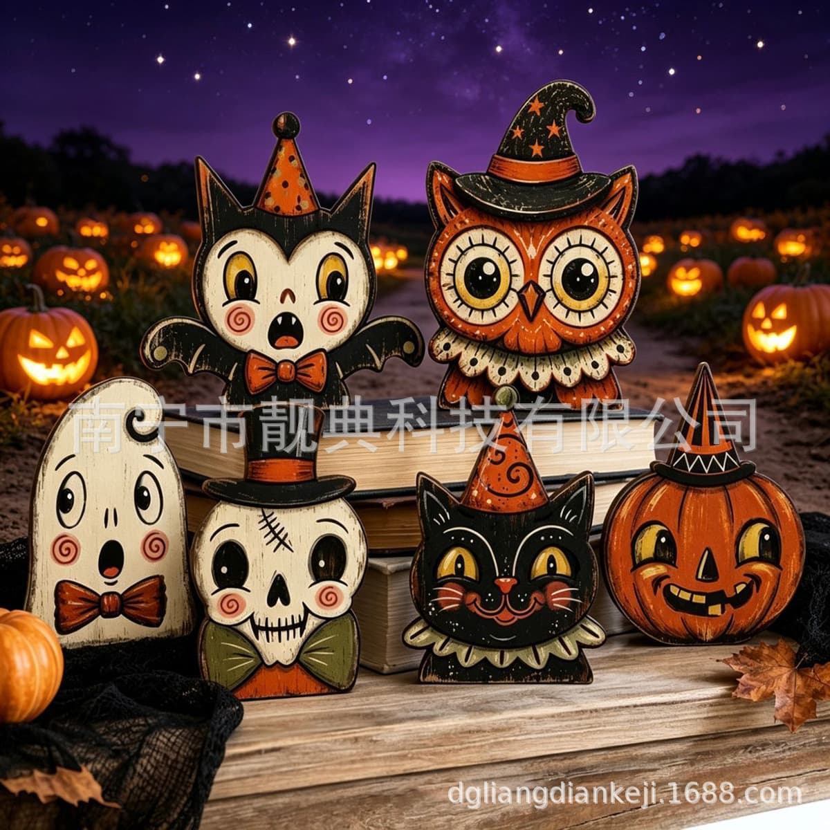 Halloween Desktop Tray Decor Ghost Black Cat Pumpkin Owl Wooden Window Display Ornament