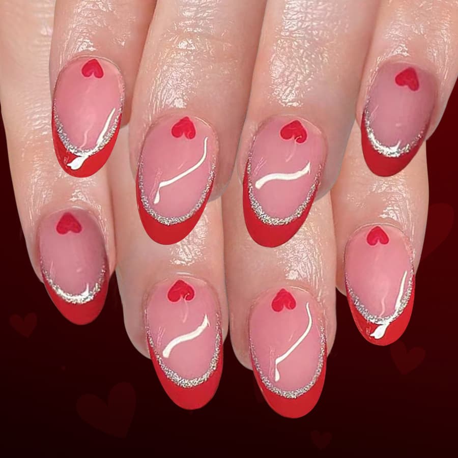 Short Glossy Oval Nails European American Cross-border Foreign Trade Red French Tip Glitter Heart Valentine's Day Press-on Nails 24 Pieces
