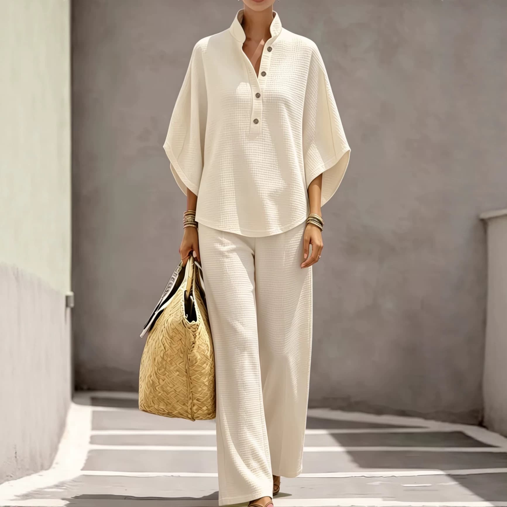2026 European and American Cross-Border Amazon New Women's Casual Loose Solid Color Button-Up Shirt Top and Wide-Leg Pants Set