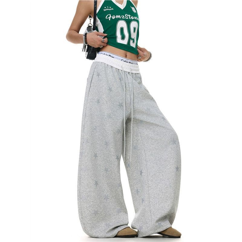 Y2K Subculture Gray Wide-Leg Pants for Women, New Style with Distressed Double-Waist Design, Sporty Chic Sweatpants, Visual Style