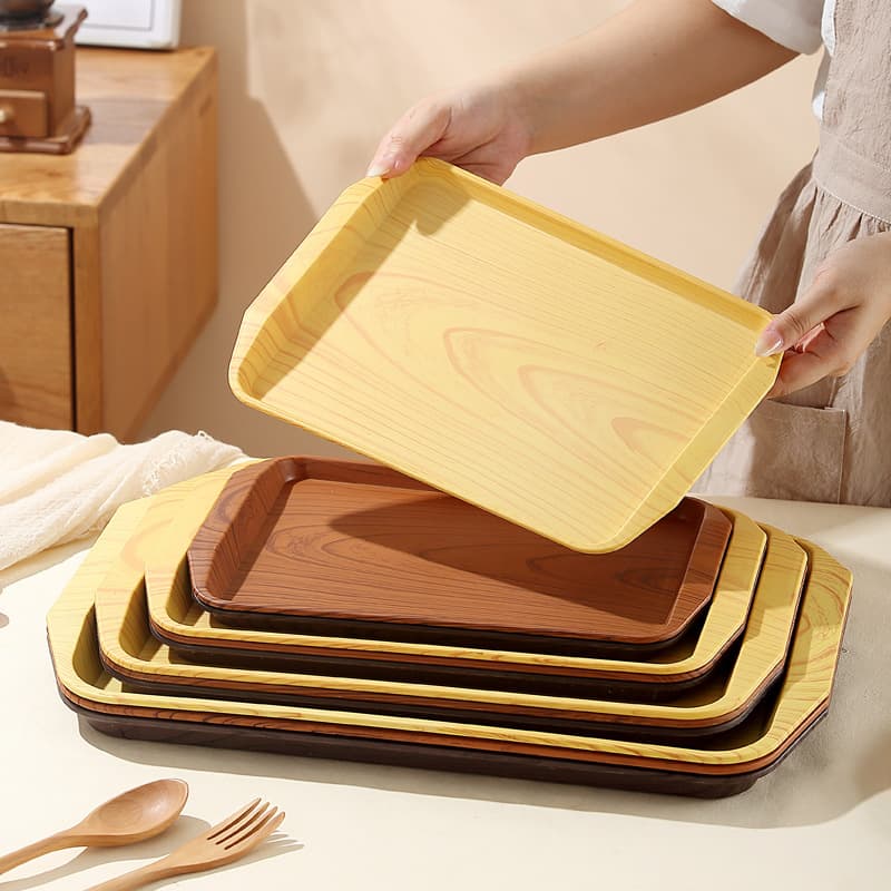 Wood Grain Rectangular Plastic Serving Tray with Handles for Restaurant, Tea, Fruit, and Snack Use