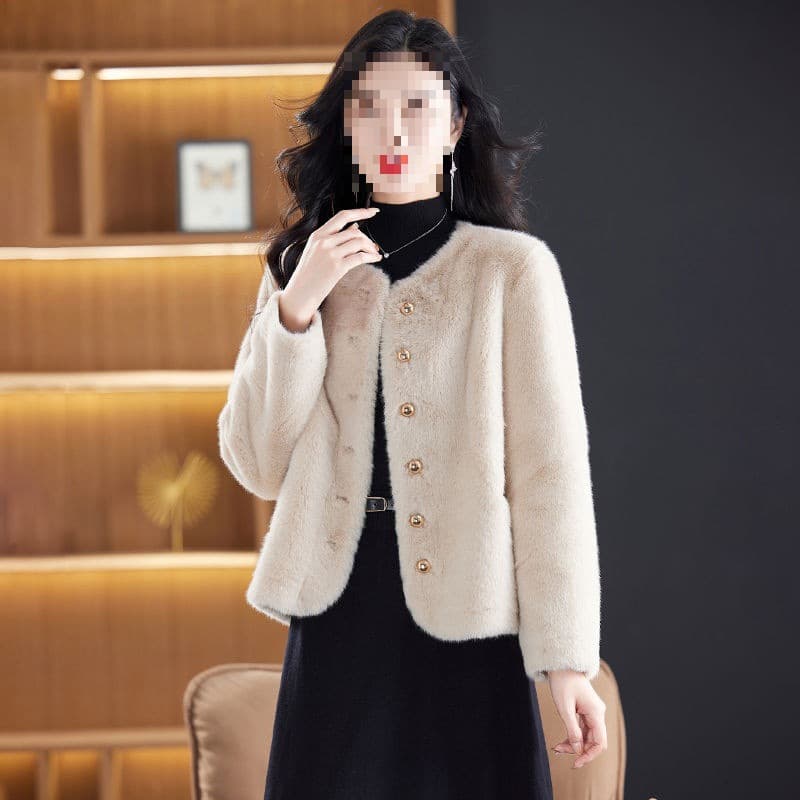 Same as boutique, new Chanel-style round neck gold button mink fur coat, winter fur coat women's top