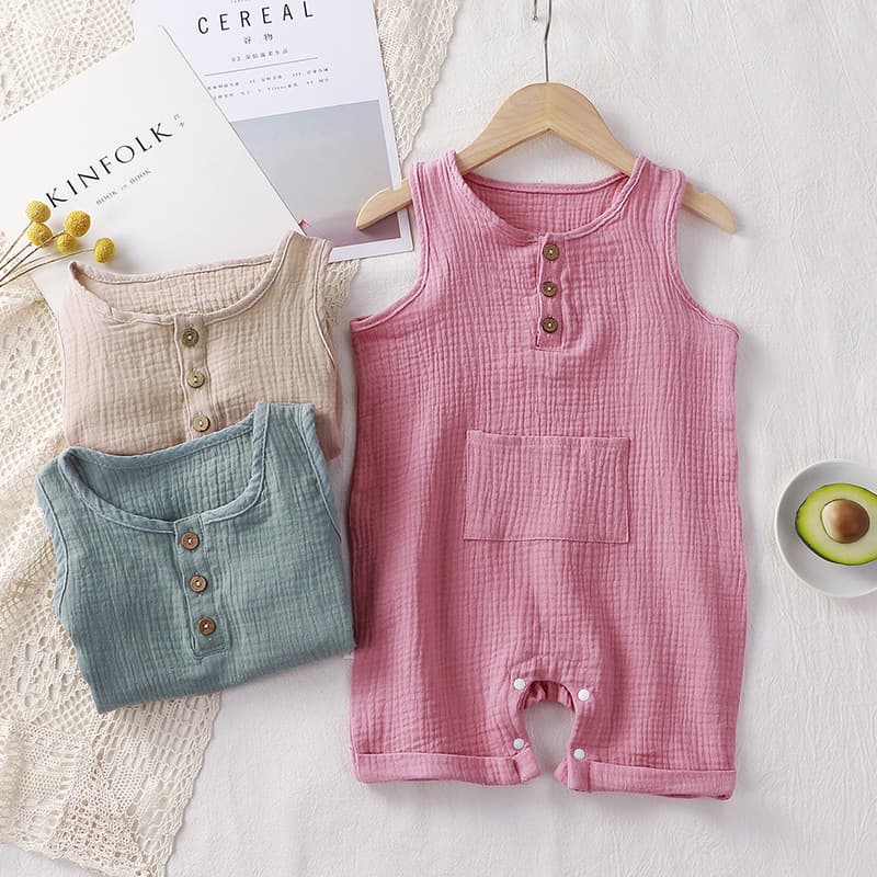 Baby clothes, summer style for men and women, double-layer gauze jumpsuit, children's sleeveless vest, soft and breathable romper