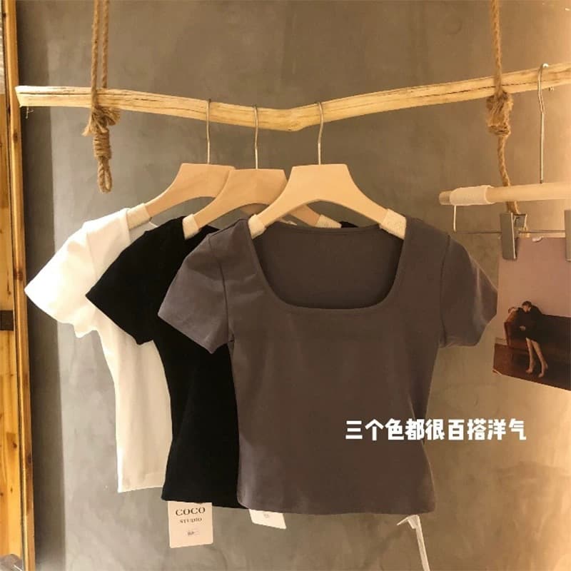 Solid Color Short Sleeve Fitted T-Shirt for Women Versatile Cropped Sexy Top 2026 New Spring Summer Base Layer