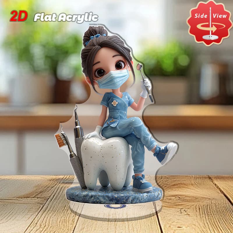 2D Flat Cute Female Dentist Model Acrylic Ornament for Home Office Dental Clinic Decoration