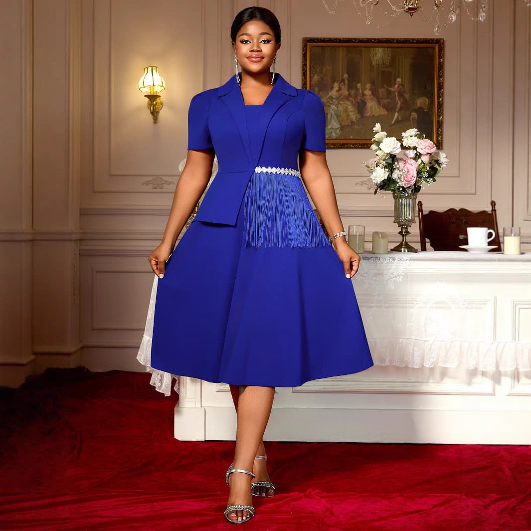 AM050320 Plus Size Women's Notched Lapel Irregular Fringe Design Blazer Dress with A-Line Waist-Cinching Silhouette Blue