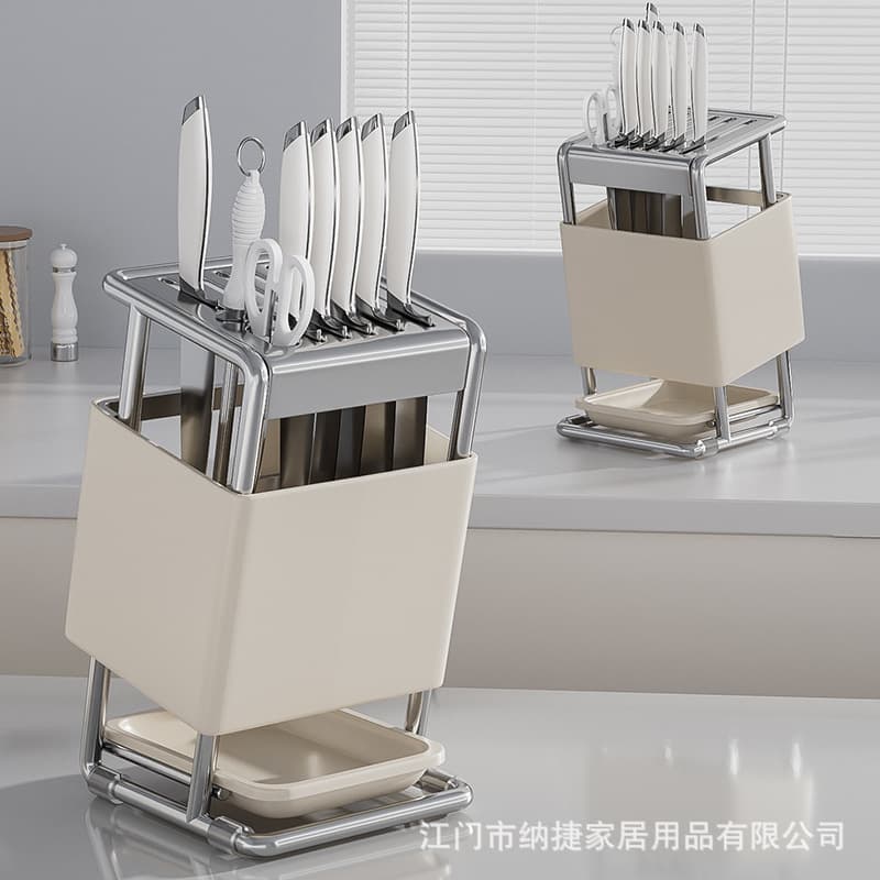 Slanted Insert Knife Holder with Wall-Mounted Design for Kitchen Countertops, Integrated Chopstick Basket and Tool Storage