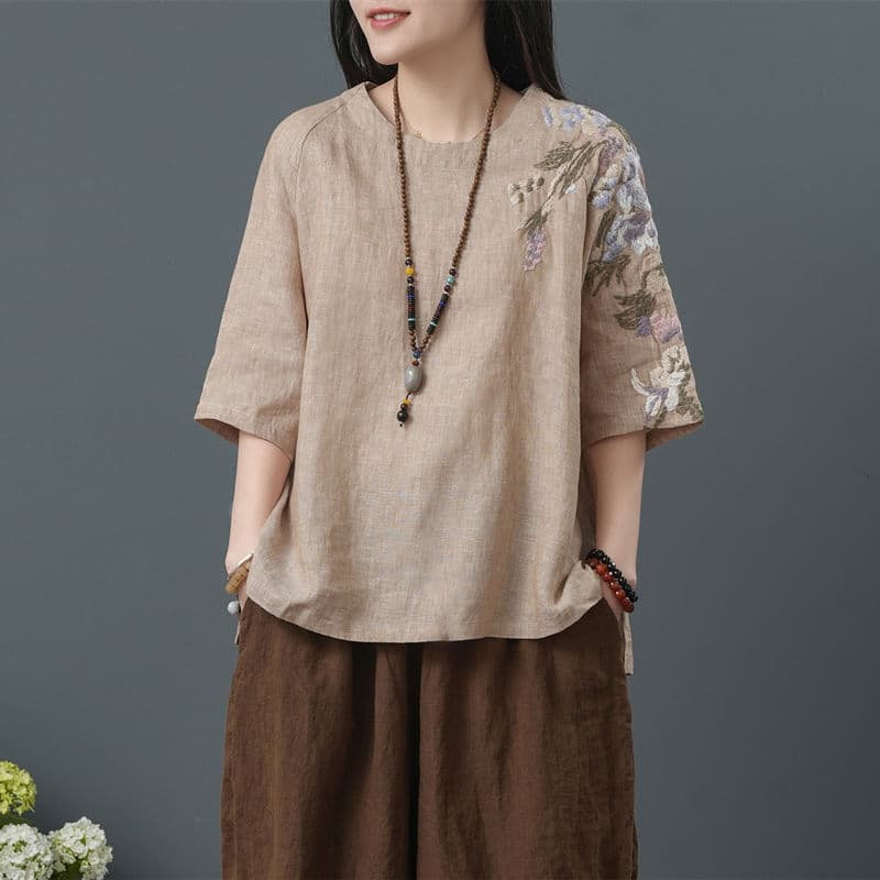 2025 Cotton and Linen Tops for Women Thin Summer Ethnic Style Embroider Large Size Loose Literary Retro Chinese T-Shirt