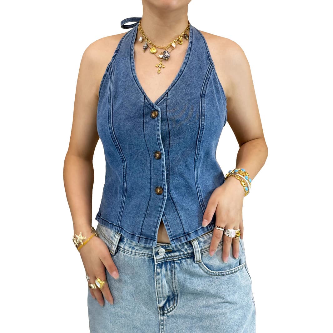 New Cross-Border Sexy Cowhide Vest with Halter Neck, Tie-Back, Button V-Neck, Slim-Fit Women's Top
