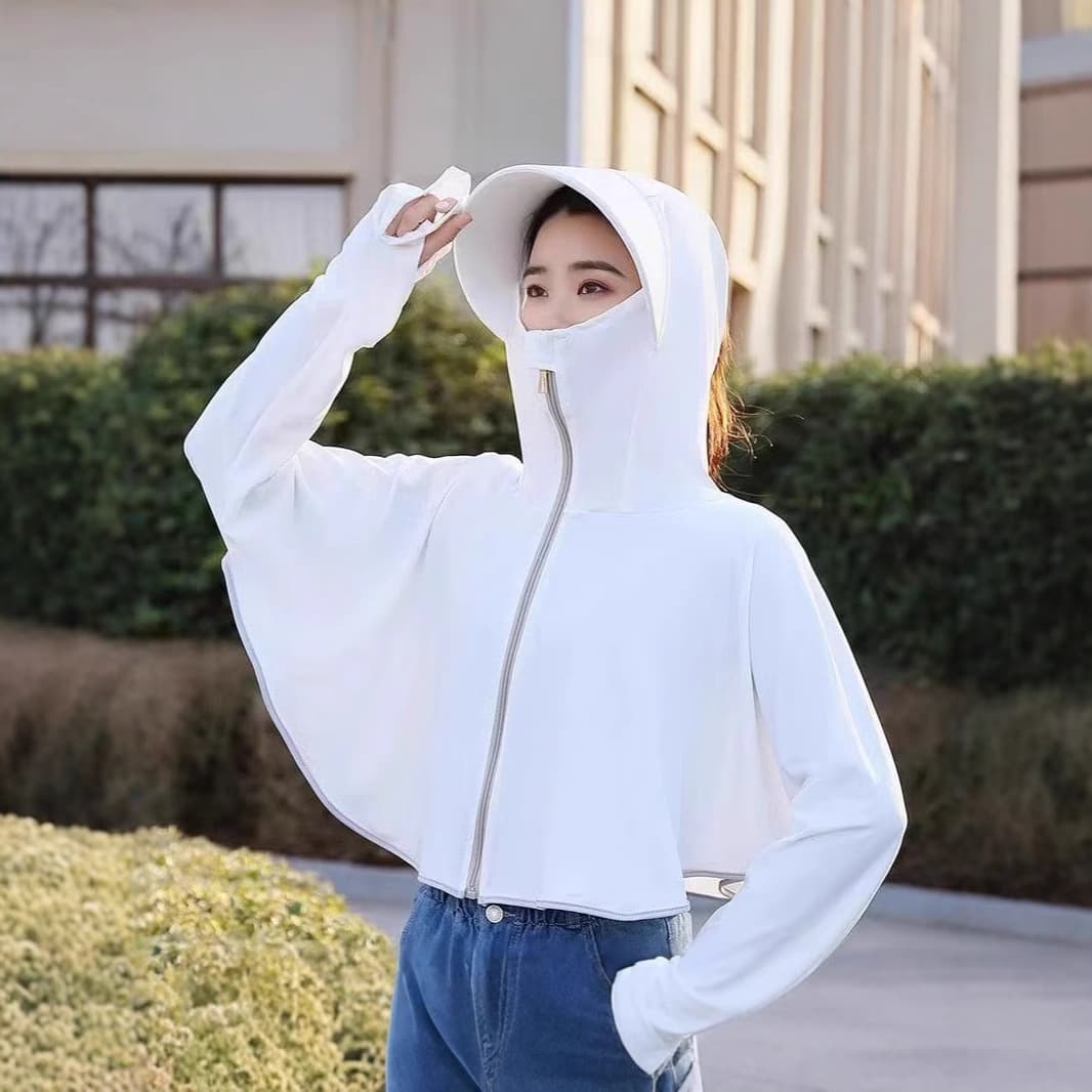Extended Large Brim Ice Silk Sun Protection Jacket Women's Summer Anti-UV Ultra-Thin Sunscreen Shirt Long Sleeve Short Outdoor Sunshade