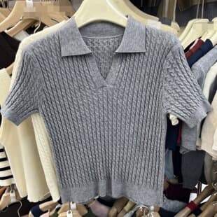 2026 Summer Autumn New Retro Cable Knit Polo Short Sleeve Knit Top Women Fashion Slim Short Top Trendy